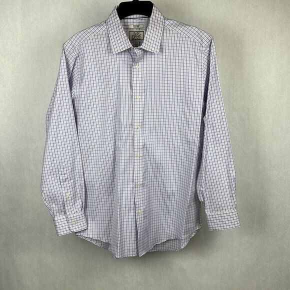 Jos A. Bank Button Front Shirt Sz 16-33 Non-Iron Slim Fit White Pink Blue Plaid - Picture 1 of 5
